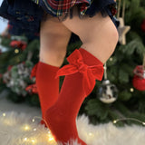 Calcetines Altos De Algodón Con Lazo de Terciopelo Rojo