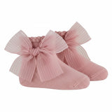 Calcetines Cortos Con Lazo A Rayas En Organza Palo Rosa